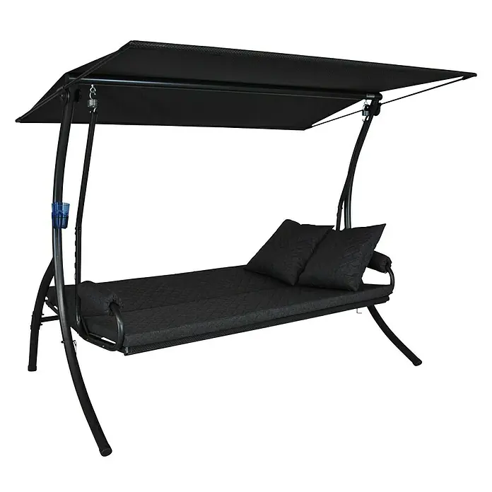 Hollywoodschaukel Elegance Joy - B x T x H: 210 x 145 x 160 cm, Grau, Liegefunktion - Eine stilvolle, schwarze Hängematte mit Dach und Kissen, die zum Entspannen im Garten oder auf der Terrasse einlädt. Komfort und Design vereint.