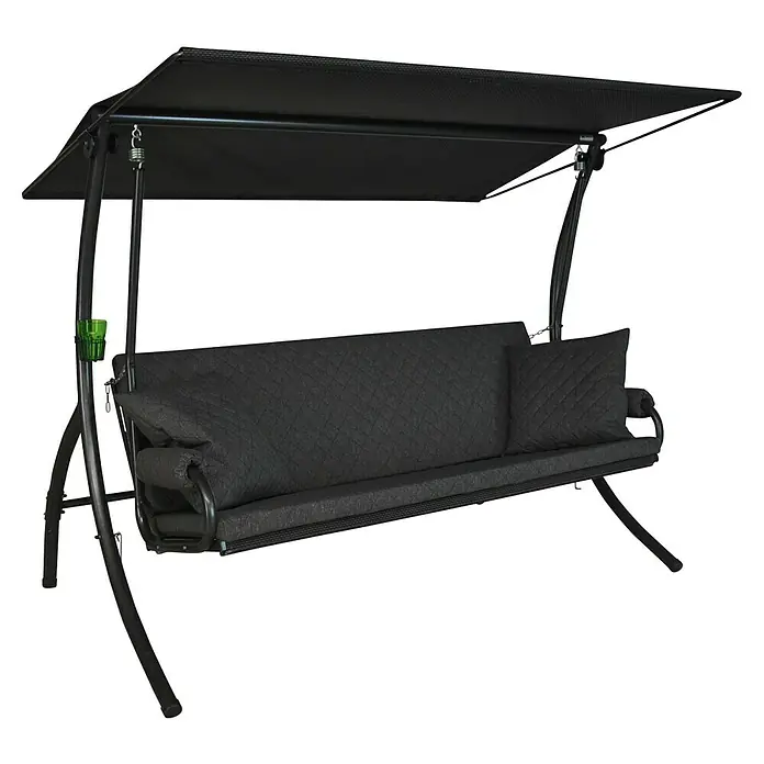 Hollywoodschaukel Elegance Joy - B x T x H: 210 x 145 x 160 cm, Grau, Liegefunktion - Abgebildet ist eine stilvolle, schwarze Hollywoodschaukel mit einem bequemen Sitzkissen und einem schützenden Dach für entspannte Stunden im Freien.