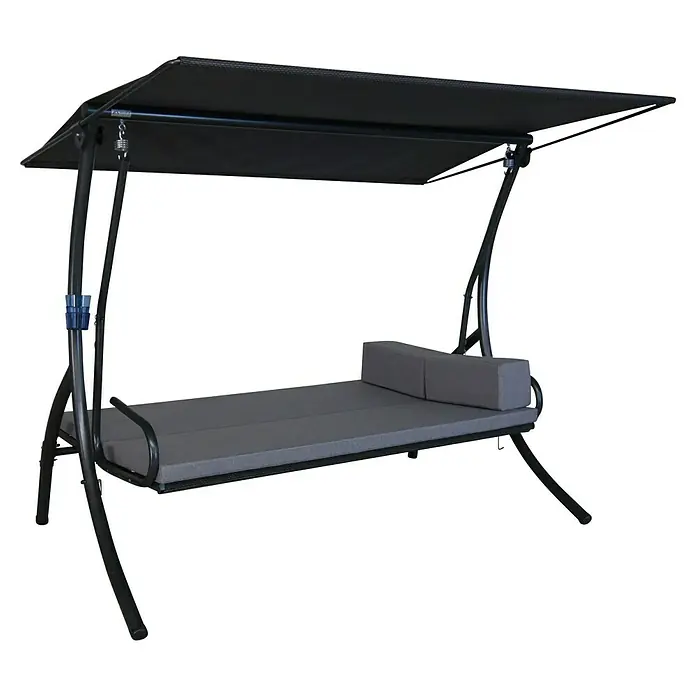 Angerer Hollywoodschaukel Elegance Tolar - B x T x H: 210 x 145 x 160 cm, Grau, Liegefunktion - Graue Terrassenschaukel mit schwarzem Gestell und Überdachung. Ideal zum Entspannen im Freien und für gemütliche Stunden im Garten.