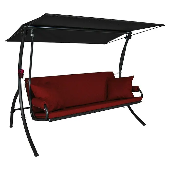 Hollywoodschaukel Elegance JoyB x T x H: 210 x 145 x 160 cm, Bordeaux, Liegefunktion - Eine bequeme, rot gepolsterte Hollywoodschaukel mit schwarzem Gestell und Dach, ideal für entspannte Stunden im Freien.