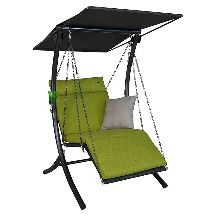 Hollywoodschaukel Swing Smart - B x T x H: 100 x 145 x 160 cm, Lime, Liegefunktion - Diese Aufnahme zeigt eine moderne Hängeliege mit Sonnendach, bestehend aus einem grünen Kissen und einem grauen Dekokissen.