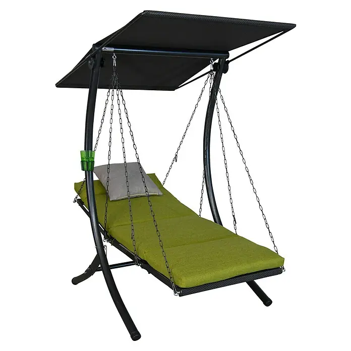 Hollywoodschaukel Swing Smart - B x T x H: 100 x 145 x 160 cm, Lime, Liegefunktion - Eine moderne Hängeliege mit einem grünen Kissen und einem grauen Nackenkissen unter einem schwarzen Sonnendach.
