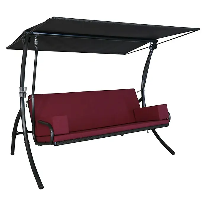 Angerer Hollywoodschaukel Elegance Tolar - B x T x H: 210 x 145 x 160 cm, Rot, Liegefunktion - Abgebildete, dunkelrote Hollywoodschaukel mit schwarzem Rahmen und Überdachung, ideal zum Entspannen im Garten oder auf der Terrasse.