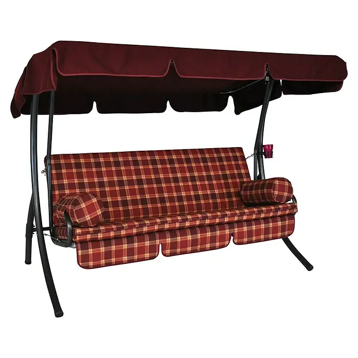 Hollywoodschaukel Trend - B x T x H: 210 x 145 x 160 cm, Rio bordeaux, Liegefunktion - Abbildung einer Gartenschaukel mit rot-gelbem Karomuster und einem weinroten Baldachin, die zum Entspannen im Freien einlädt.