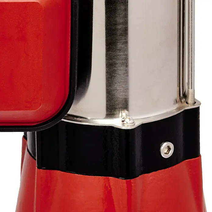 Einhell Classic Schmutzwasserpumpe GC-DP 5010 G - 500 W, Max. Fördermenge: 12.000 l/h, Eintauchtiefe: 5 m - Nahaufnahme einer roten und silbernen Getreidemühle, die die Details der Konstruktion und des Designs hervorhebt.