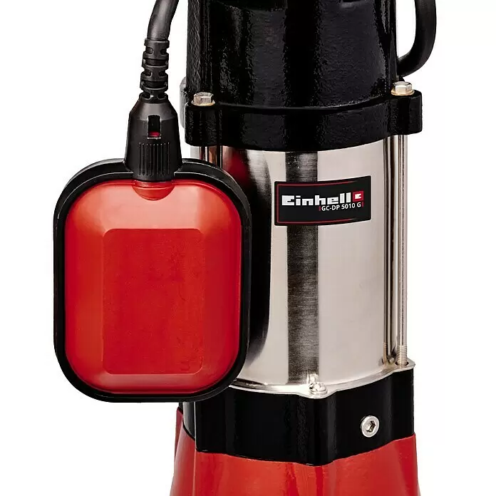Einhell Classic Schmutzwasserpumpe GC-DP 5010 G - 500 W, Max. Fördermenge: 12.000 l/h, Eintauchtiefe: 5 m - Einhell GC-DP 5010 G Tauchpumpe mit schwarzem Oberteil, Edelstahlkörper, rotem Sockel und angeschlossenem rotem Schwimmerschalter.