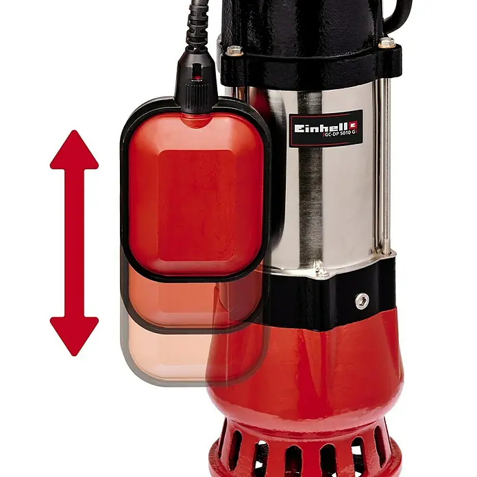 Einhell Classic Schmutzwasserpumpe GC-DP 5010 G - 500 W, Max. Fördermenge: 12.000 l/h, Eintauchtiefe: 5 m - Das Bild zeigt eine Tauchpumpe GC-DP 5010 G von Einhell, die mit einem Schwimmerschalter zur automatischen Steuerung ausgestattet ist.