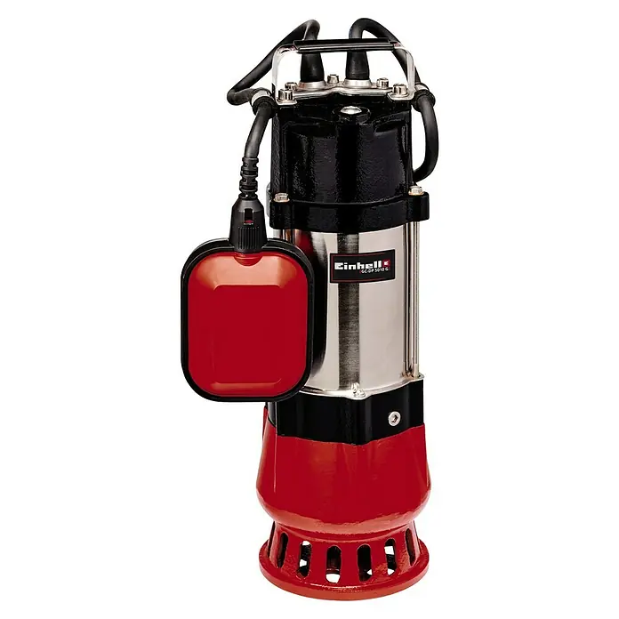Einhell Classic Schmutzwasserpumpe GC-DP 5010 G - 500 W, Max. Fördermenge: 12.000 l/h, Eintauchtiefe: 5 m - Das Bild zeigt eine Einhell GC-DP 5010 G Schmutzwasserpumpe in Rot, Silber und Schwarz, ideal für den Einsatz in Gartenteichen und Kellern.