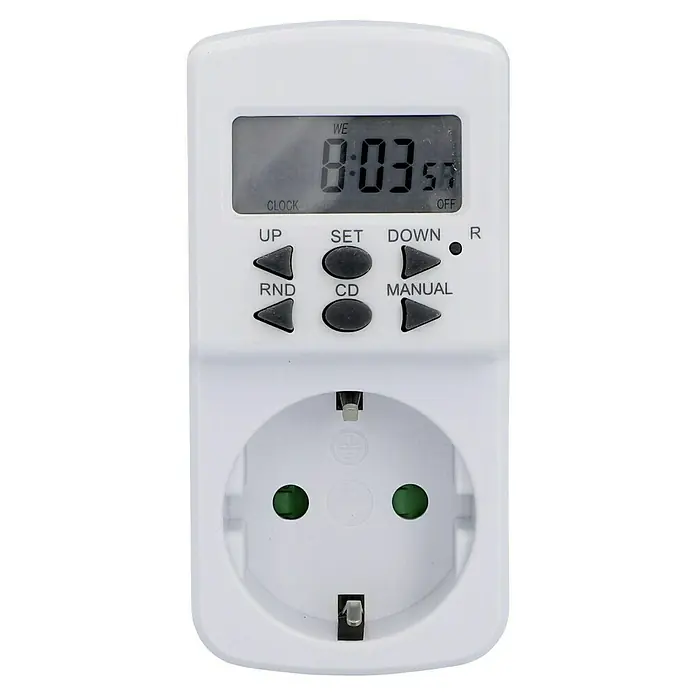 Temporizador - Digital, Potencia de conexión máx.: 1.800 W - Un temporizador digital blanco con pantalla, botones de operación y una toma de corriente. Ideal para conectar dispositivos de forma programada.