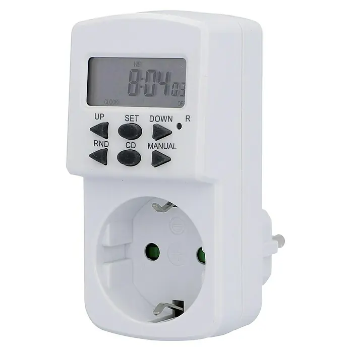Temporizador - Digital, Potencia de conexión máx.: 1.800 W - Temporizador digital de enchufe blanco con pantalla LCD y botones de control para una gestión precisa de dispositivos electrónicos.