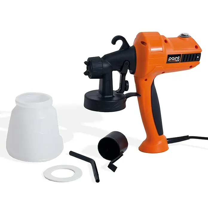 Sistema de pulverización de pintura Paint Sprayer - 400 W, Caudal: 0,5 l/min - Un rociador de pintura naranja con accesorios, incluyendo un recipiente y herramientas de limpieza.