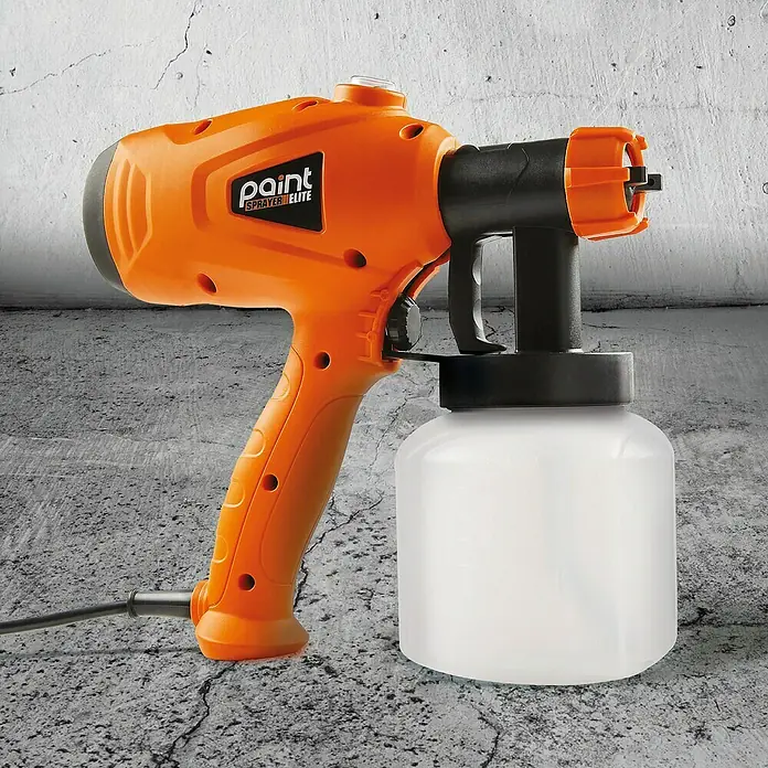 Sistema de pulverización de pintura Paint Sprayer - 400 W, Caudal: 0,5 l/min - Imagen de un pulverizador de pintura naranja "Paint Sprayer Elite" con mango negro y recipiente de pintura transparente.
