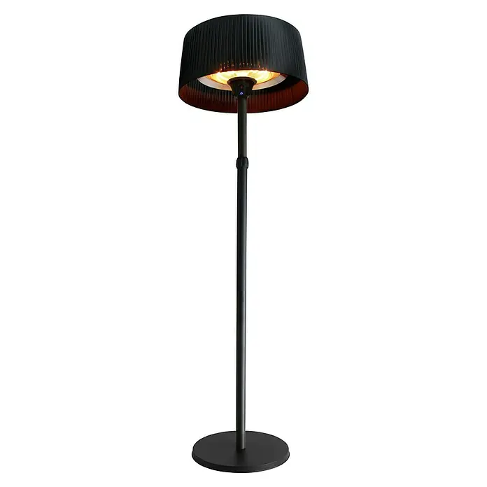 Halogen-Heizstrahler - Höhe: 205 cm, 2.100 W, Höhenverstellbar - Ein elegantes, schwarzes Heizgerät mit Lampenschirm für den Außenbereich, das Wärme und Licht stilvoll kombiniert.