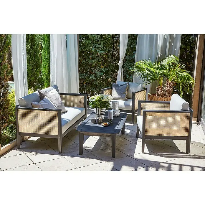Sunfun Loungesessel Coralie - B x T x H: 72 x 71 x 73 cm, Mattschwarz/Grau - Ein elegantes Gartenmöbelset mit Rattan-Details, bestehend aus Sofa, Sesseln und einem Couchtisch, perfekt für entspannte Stunden im Freien.
