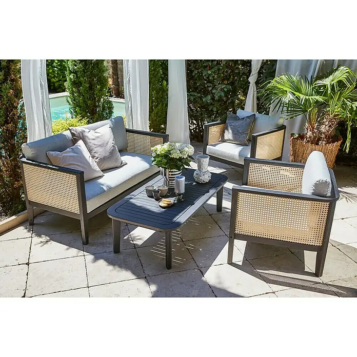 Sunfun Loungesessel Coralie - B x T x H: 72 x 71 x 73 cm, Mattschwarz/Grau - Elegante Gartenmöbel-Gruppe mit Sofa, Sesseln und Tisch. Das Set besticht durch sein modernes Design und die hochwertige Verarbeitung.