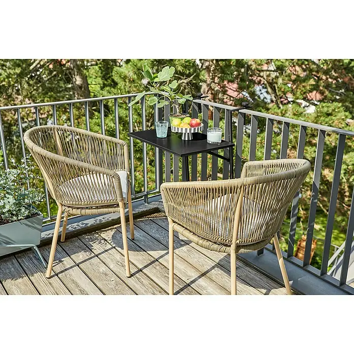 Sunfun Melina Balkon-HängetischSchwarz, Klappbar - Balkonmöbel-Set mit zwei Korbsesseln und einem kleinen Tisch, ideal für kleine Außenbereiche. Stilvolles und funktionales Design für entspannte Stunden.