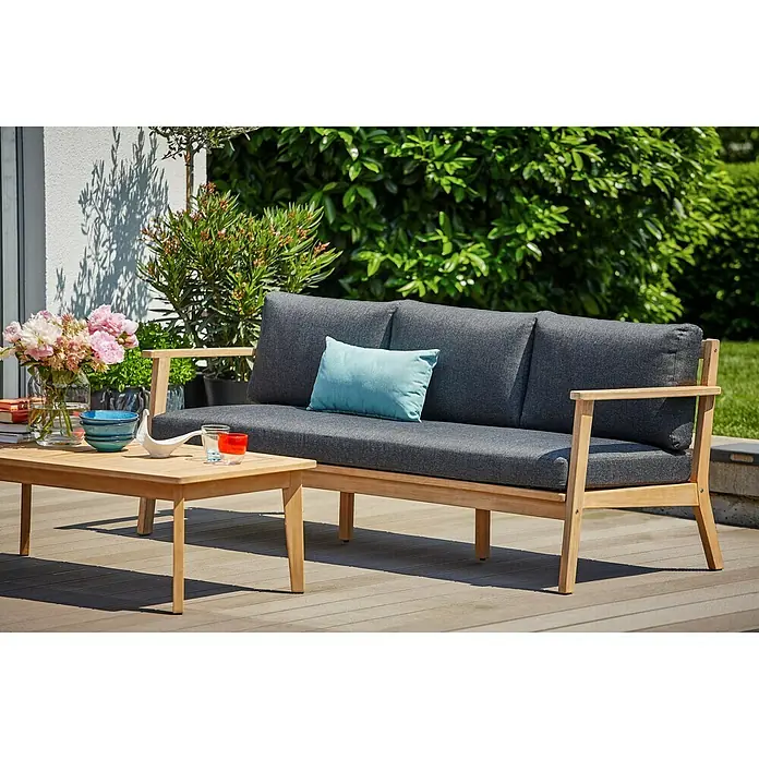 Sunfun Kathrin Loungesofa - B x T x H: 190 x 81 x 78 cm, Akazie, Olefin, Anthrazit/Braun - Gemütliches Gartensofa mit grauem Bezug und Holztisch für entspannte Stunden im Freien. Perfekt für Terrasse oder Garten.