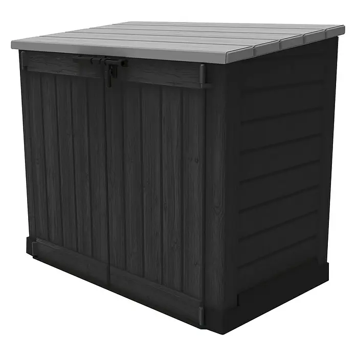 Keter Truhe Store it out Max - L x B x H: 145,5 x 82 x 125 cm, Anthrazit/Grau - Abbildung eines grauen Gartenschranks mit Holztüren und grauem Dach, ideal zur Aufbewahrung von Gartengeräten und Zubehör im Freien.