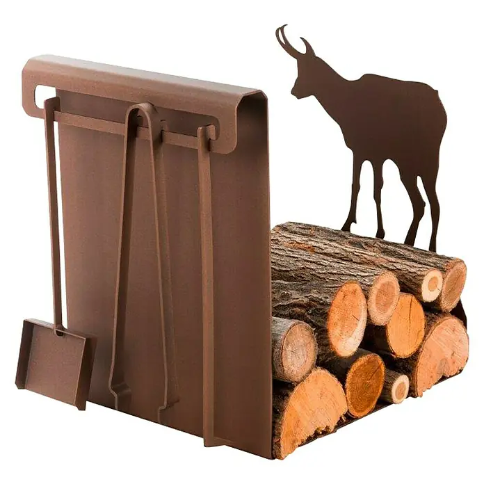 Holzregal Zernes - 47 x 38 x 50,5 cm, Stahl, Braun - Brennholzregal mit Kaminbesteck und Ziegen-Silhouette, ideal für die Kaminholzaufbewahrung und als dekoratives Element.