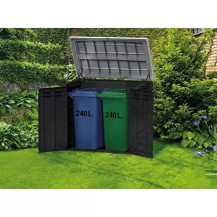 Keter Truhe Store it out Max - L x B x H: 145,5 x 82 x 125 cm, Anthrazit/Grau - Schwarze Mülltonnenbox aus Kunststoff, offen im Garten stehend, mit zwei 240L Mülltonnen.