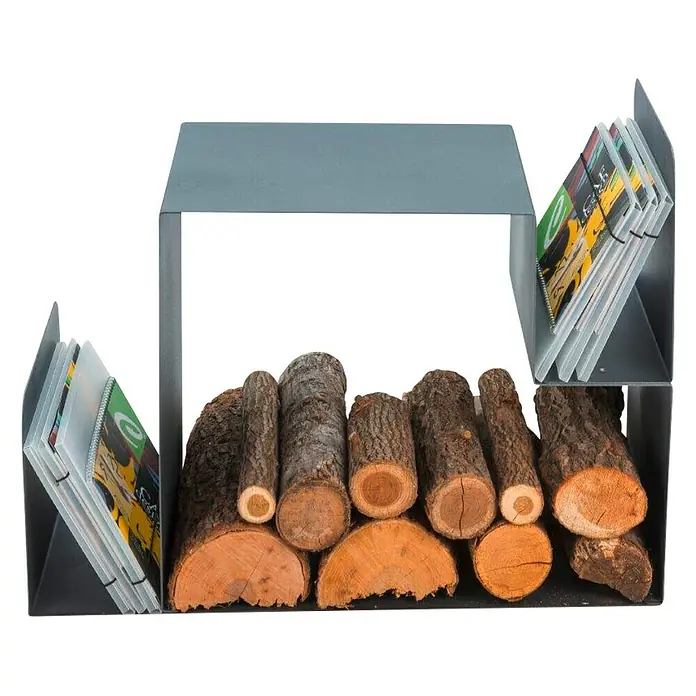 Holzregal - 70,4 x 34,8 x 52,3 cm, Stahl, Schwarz - Moderne Brennholzaufbewahrung aus Metall mit Holzscheiten und Zeitschriftenfächern für stilvolle Organisation.