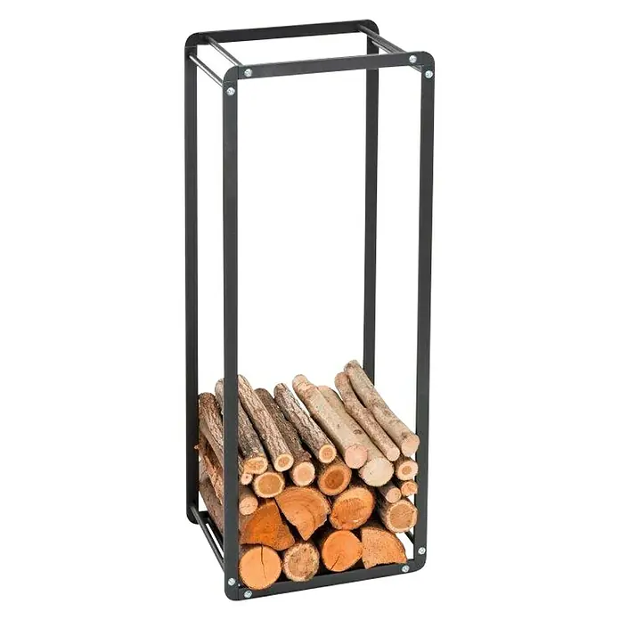 Holzregal Ike - L x B x H: 44,5 x 29,4 x 115 cm, Stahl, Schwarz - Brennholzregal aus Metall, gefüllt mit Holzscheiten, zur praktischen Lagerung von Kaminholz. Ideal für den Innen- und Außenbereich.