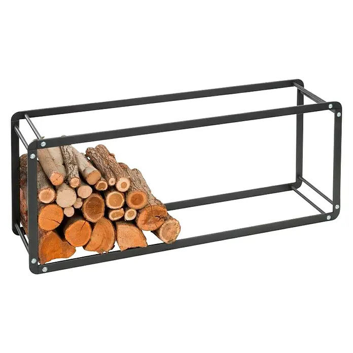 Holzregal Ike - L x B x H: 44,5 x 29,4 x 115 cm, Stahl, Schwarz - Ein stabiles, rechteckiges Brennholzregal aus Metall, teilweise mit Holzscheiten gefüllt, vor einem schwarzen Hintergrund.