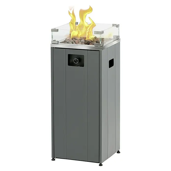 Feuersäule - L x B x H: 37,1 x 37,1 x 94,8 cm, Anthrazit - Der graue, stilvolle Gas-Terrassenheizer mit Glasumrandung und Lavasteinen bietet Wärme und Ambiente für gemütliche Stunden im Freien.