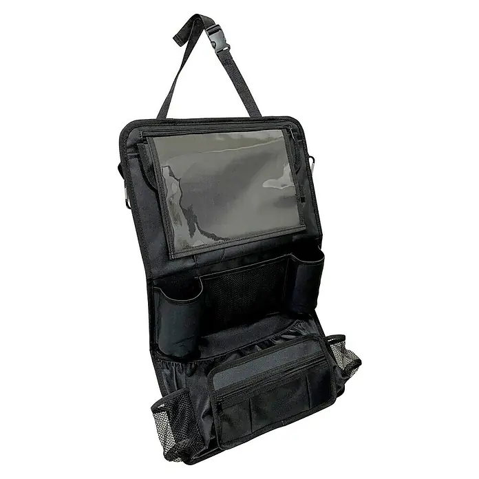 Rücksitztasche - Schwarz - Eine Nahaufnahme eines schwarzen Auto-Rücksitz-Organizers mit mehreren Fächern und Taschen zur Aufbewahrung von Gegenständen.