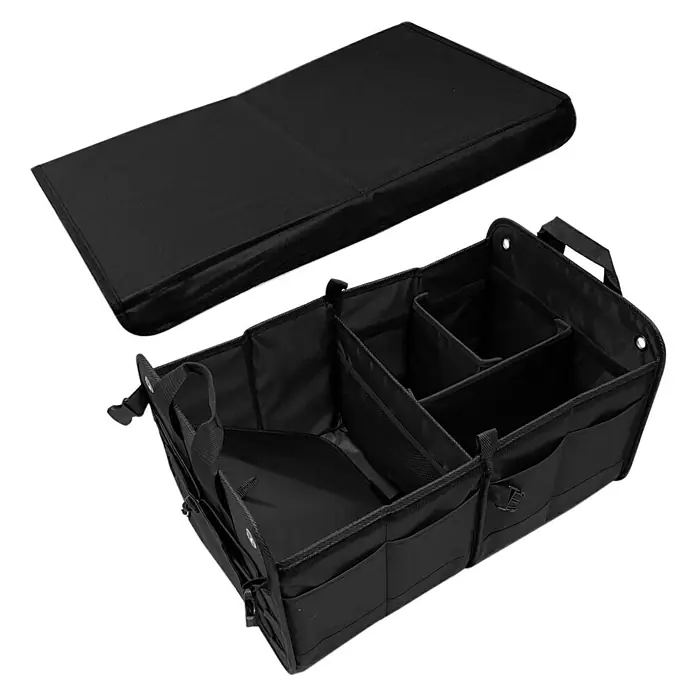 Kofferraum-Organizer - Klettstreifen, Zusammenfaltbar - Die schwarze Kofferraum-Aufbewahrungsbox bietet viel Stauraum für Ihr Auto. Mit Fächern und Deckel für Ordnung.