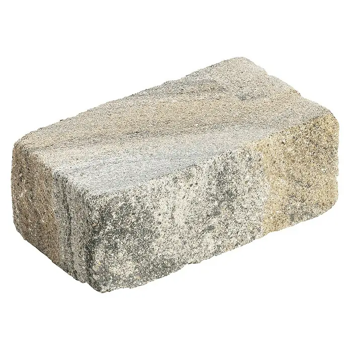 Diephaus Mauersteinmuster Stamford - Muschelkalk - Ein einzelner Pflasterstein in neutralen Farben liegt auf einem schwarzen Hintergrund. Er bietet Textur und Tiefe für Garten- oder Landschaftsbauprojekte.