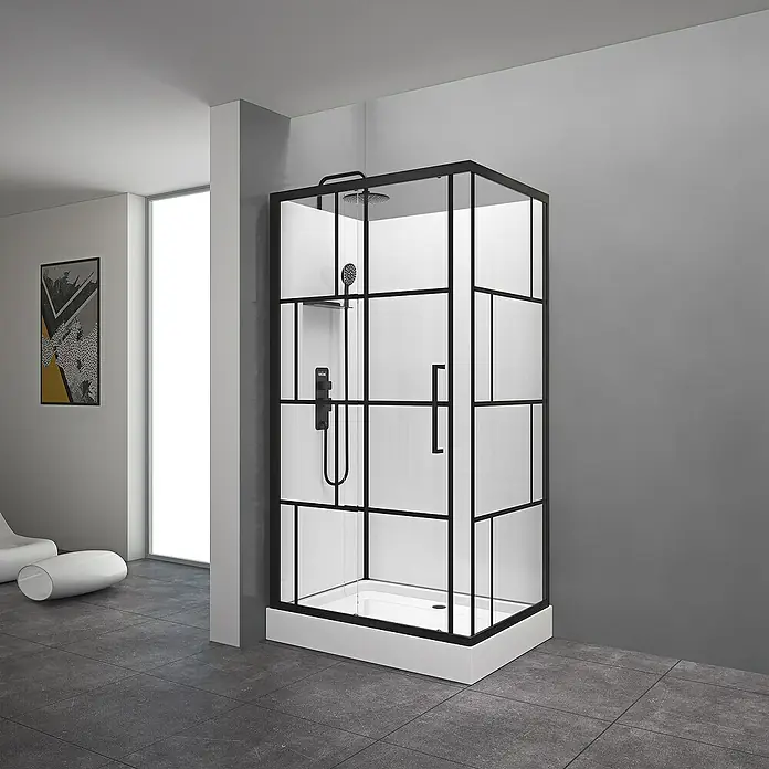 Aurlane Cabina de ducha completa Graphic - 80 x 110 x 225 cm, Negro - Un moderno cubo de ducha cuadrado con marco negro y paredes de vidrio esmerilado, ofreciendo un diseño de baño elegante.
