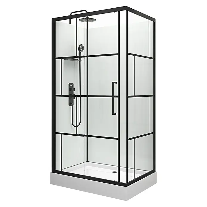Aurlane Cabina de ducha completa Graphic - 80 x 110 x 225 cm, Negro - Elegante cabina de ducha con marco negro y paneles de vidrio transparente. La grifería negra añade un toque moderno al baño.
