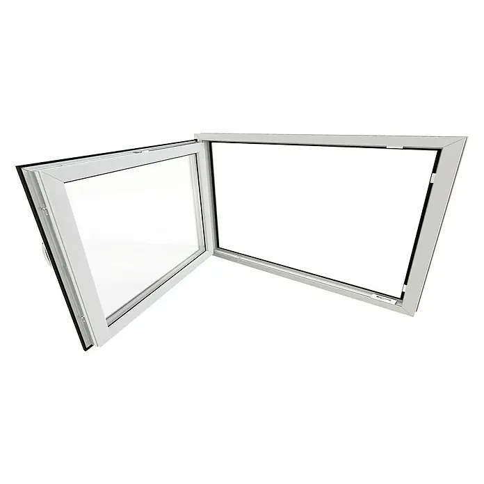 Solid Elements Ventana para sótano - An x Al: 90 x 60 cm, Apertura según normativa: Izquierda, Blanco - Una ventana de plástico blanca inclinada con una hoja abierta sobre un fondo negro.