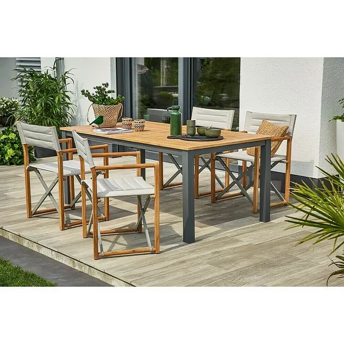 Sunfun Gartenmöbel-Set Carina/Kathrin - 5 -tlg., Akazie/Stahl/Polyesterfaser, Teakbraun/Anthrazit/Hellgrau, Tischplatte ausziehbar - Gartentisch mit vier Stühlen. Das Set besteht aus Teakholz, grauem Metall und weißen Sitzen und Rücklehnen. Ideal für den Garten.