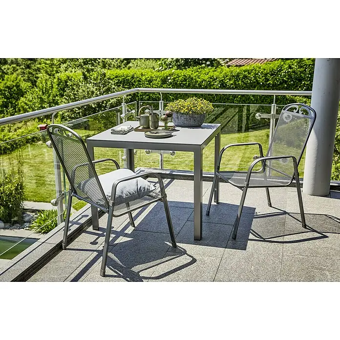 Sunfun Maja Mesa de jardín - L x An x Al: 90 x 90 x 74 cm, Aluminio, vidrio, Rectangular, Antracita - Elegante juego de mesa y sillas de patio en un balcón.