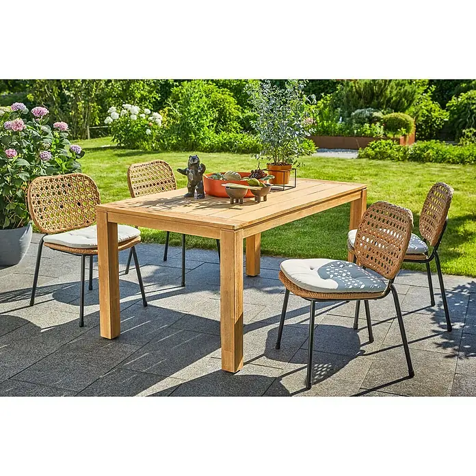 Gartenmöbel-Set Laura/Melina - 5 -tlg., Akazie/Stahl/Polyester/Polyethylen, Naturbraun - Ein Gartentisch-Set aus Holz mit vier Stühlen und Polstern für entspannte Stunden im Freien.