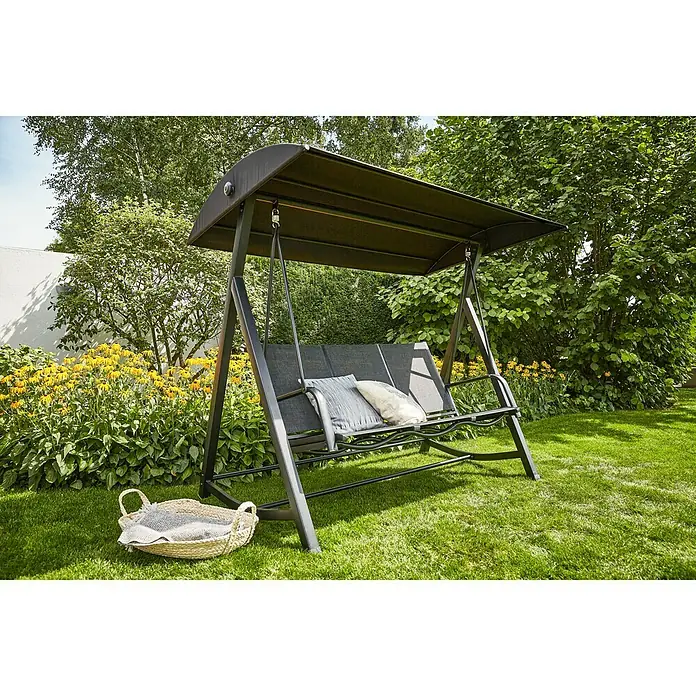 Sunfun Melina Hollywoodschaukel - B x T x H: 209 x 113 x 171 cm, Kunststoff, Schwarz - Elegante Gartenschaukel mit Überdachung und bequemen Kissen. Perfekt zum Entspannen im Freien.