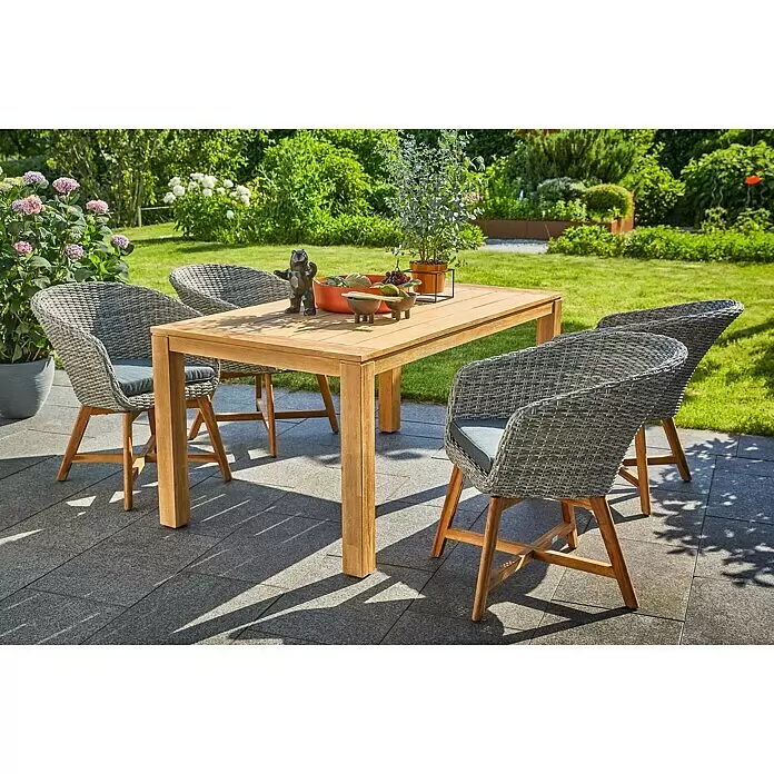 Gartenmöbel-Set Laura/Pauline - 5 -tlg., Akazie/Aluminium/Polyrattan, Naturbraun/Bambus Grey - Stimmungsaufnahme