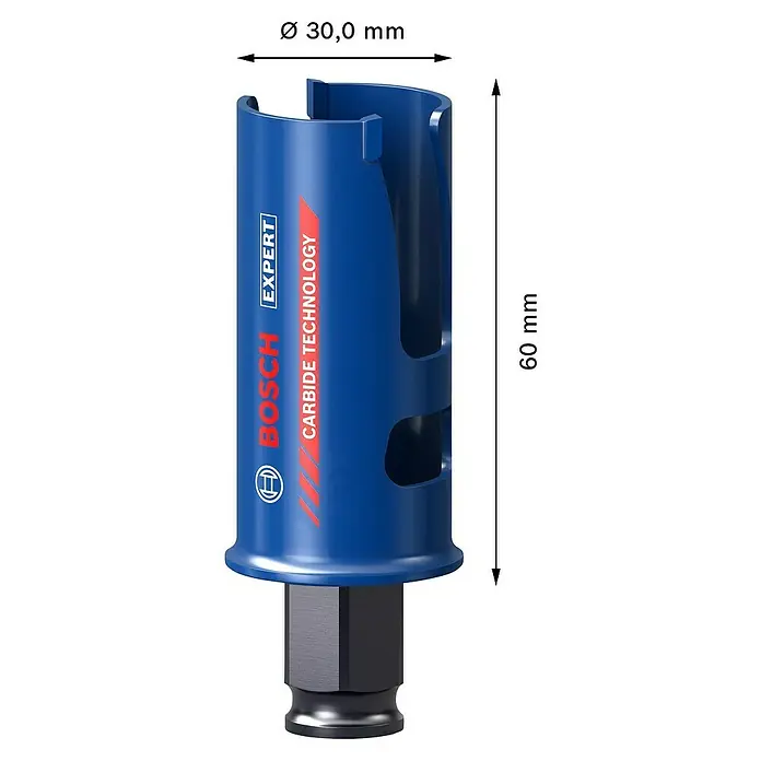 Bosch Professional Expert Sierra de corona Construction Material - Diámetro: 30 mm, Otros - Imagen de una broca de sierra de corona azul Bosch Expert con dimensiones Ø 30,0 mm y 60 mm.