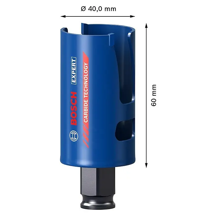 Bosch Professional Expert Sierra de corona Construction Material - Diámetro: 40 mm, Otros - Sierra de corona Bosch EXPERT con tecnología de carburo, diámetro de 40,0 mm y longitud de 60 mm, ideal para cortes precisos.