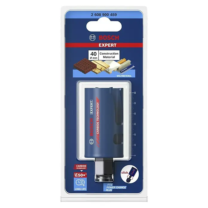 Bosch Professional Expert Sierra de corona Construction Material - Diámetro: 40 mm, Otros - Embalaje de una sierra de corona Bosch Expert de 40 mm para diversos materiales de construcción, incluyendo la tecnología Carbide para una larga vida útil.