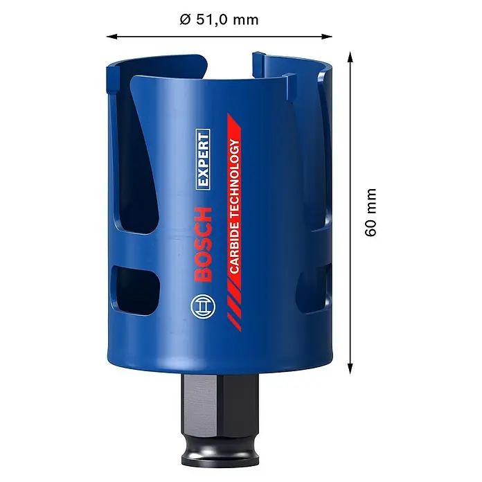 Bosch Professional Expert Sierra de corona Construction Material - Diámetro: 51 mm, Otros - La imagen muestra una sierra de corona azul Bosch Expert, que mide 51,0 mm de diámetro y 60 mm de altura.