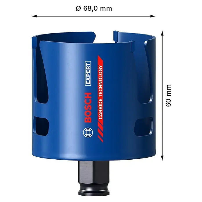 Bosch Professional Expert Sierra de corona Construction Material - Diámetro: 68 mm, Otros - Sierra de corona Bosch Expert con tecnología de carburo, diámetro de 68 mm y altura de 60 mm. Ideal para perforaciones limpias y precisas.