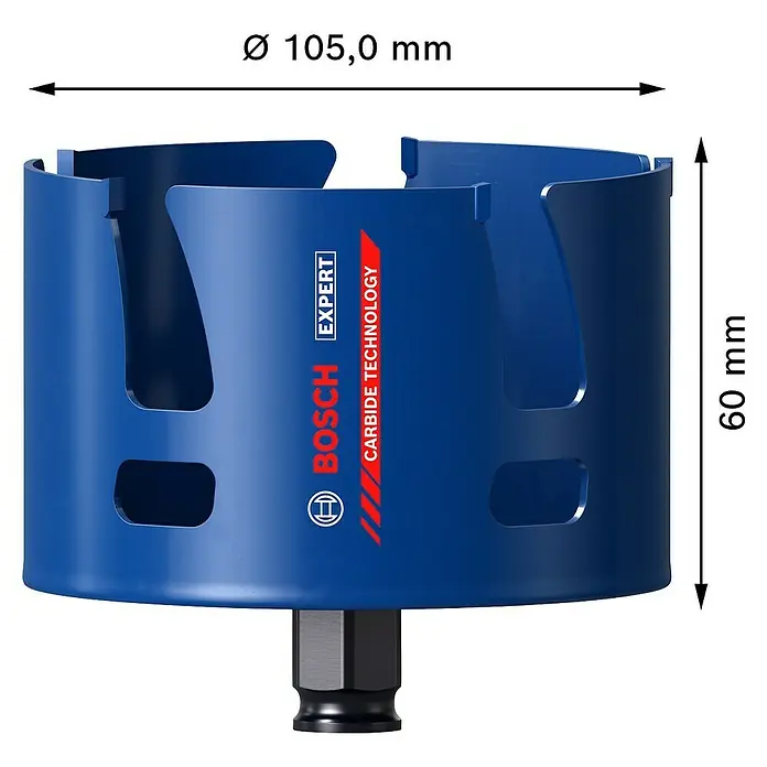 Bosch Professional Expert Sierra de corona Construction Material - Diámetro: 105 mm, Otros - Sierra perforadora Bosch Expert Carbide Technology con un diámetro de 105 mm y una altura de 60 mm para cortes precisos.