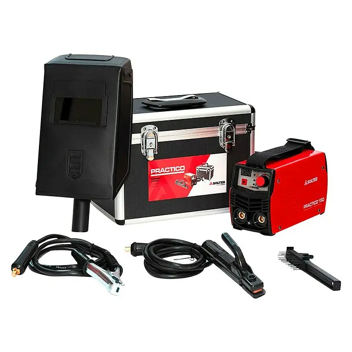 Solter Equipo de soldadura Practico 150 + pantalla Optimatic 45 - 150 A - Un conjunto de máquina de soldar Solter Practico 150 con careta de soldadura, porta electrodos, pinza de masa, maletín y otros accesorios.