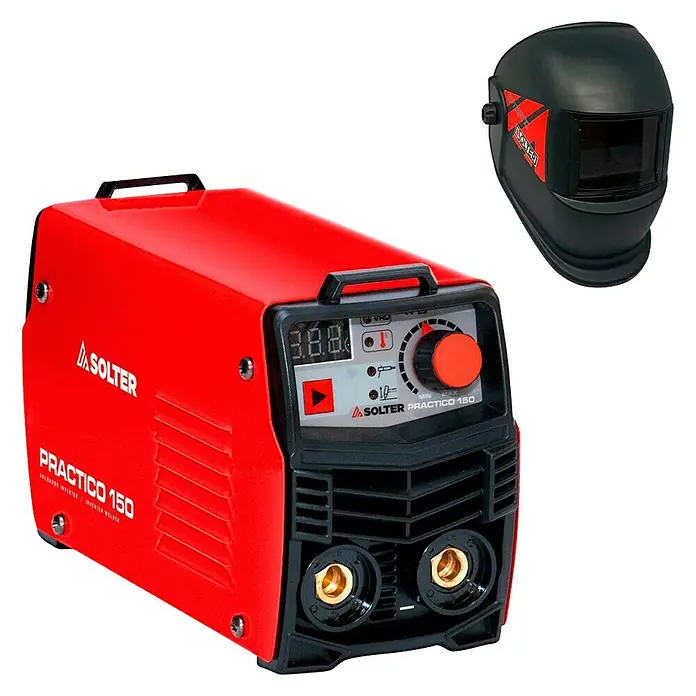 Solter Equipo de soldadura Practico 150 + pantalla Optimatic 45 - 150 A - La imagen muestra una soldadora Solter Practico 150 roja y un casco de soldar negro. Ideal para proyectos de soldadura.