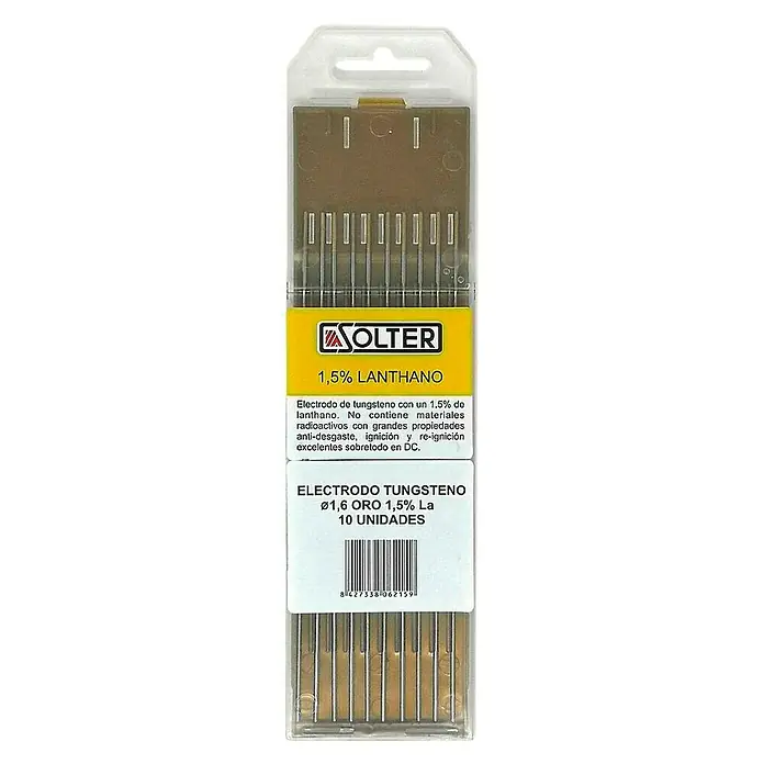 Solter Electrodos de tungsteno - Diámetro: 1,6 mm, Dorado, 10 ud. - Imagen de un paquete de electrodos de tungsteno Wolter 1,5% Lantano, ideal para soldadura TIG.