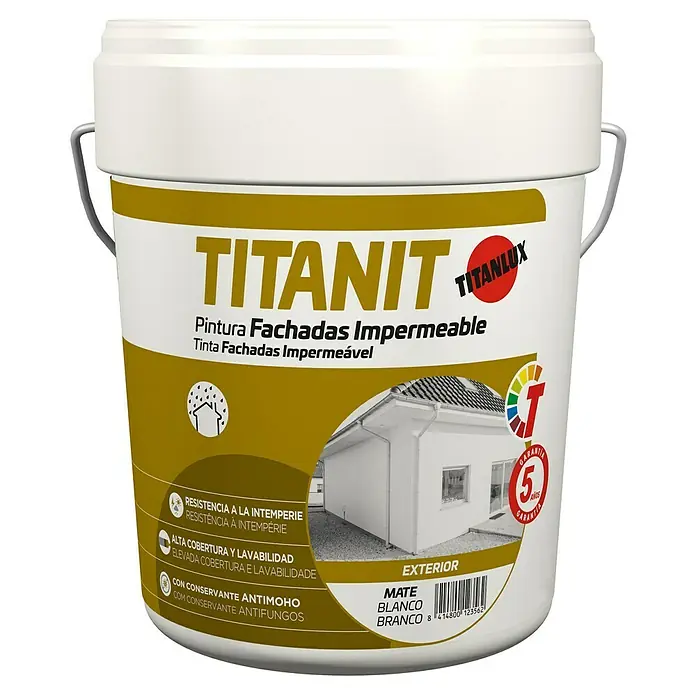 Titanlux Pintura de dispersión para fachadas Titanit - Blanco, 15 l - Cubo de pintura para fachadas TITANIT, impermeable y especial para exteriores. Pintura de alta calidad, larga duración y garantía de 5 años.