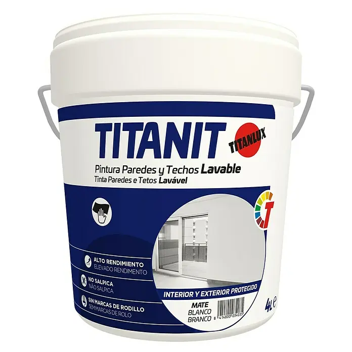 Titanlux Pintura para paredes y techos Titanit - Blanco, Mate, 4 l - Pintura lavable TITANIT para paredes y techos, para interiores y exteriores. Alto rendimiento, antigoteo y sin marcas de rodillo. Mate, Blanco.